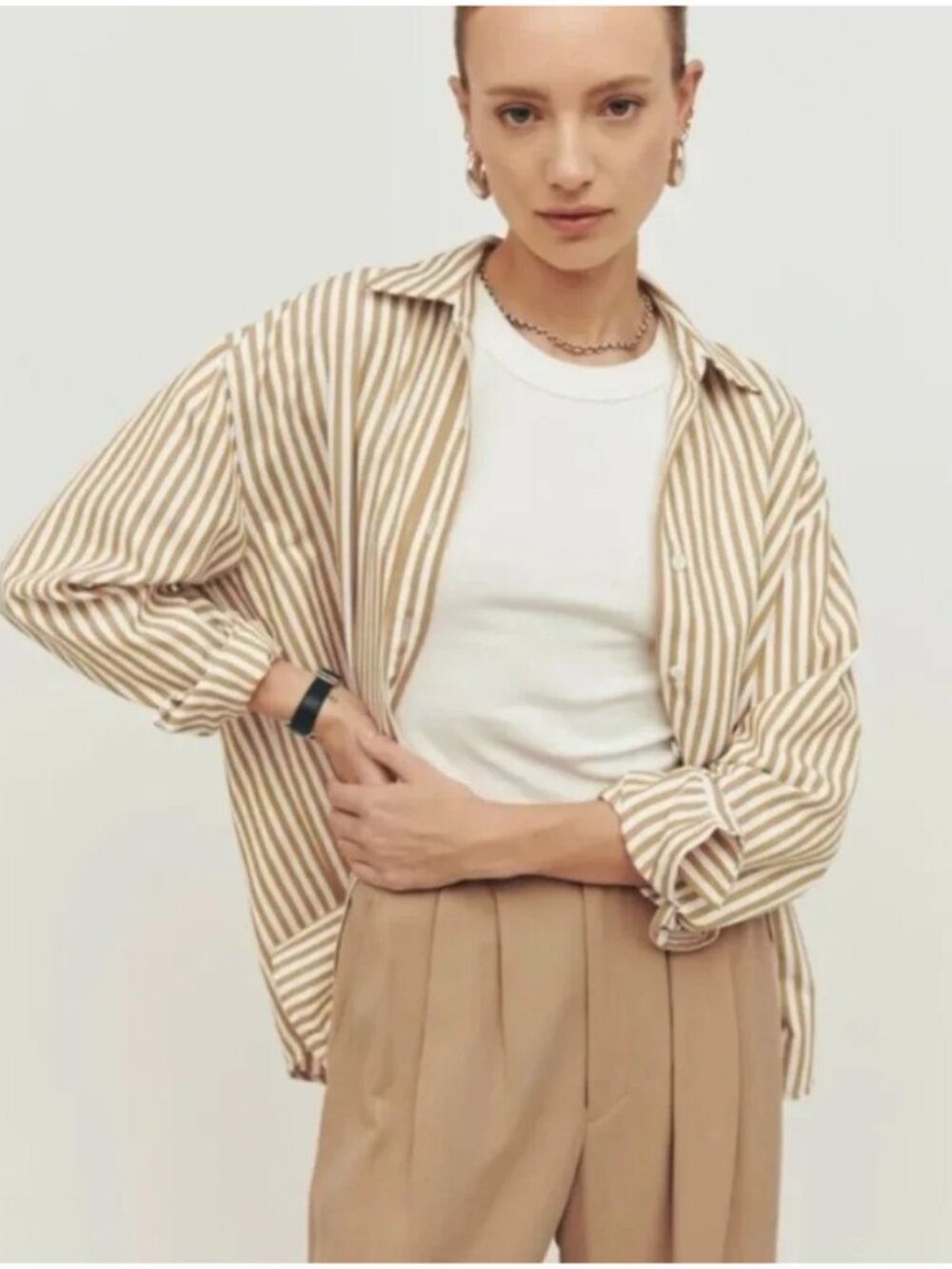 Reformation Parker Relaxed Shirt with Tan Stripe - Size L
